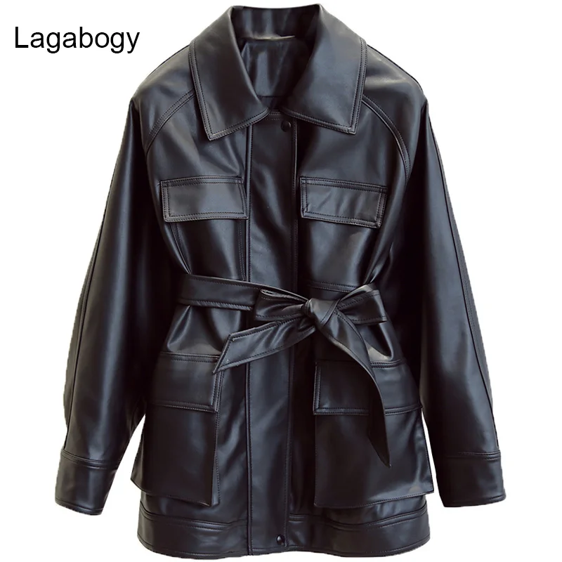 

PU Lagabogy New Spring Autumn Women Faux Leather Jacket Casual Female Streetwear Motor Biker Outwear With Belt Coat