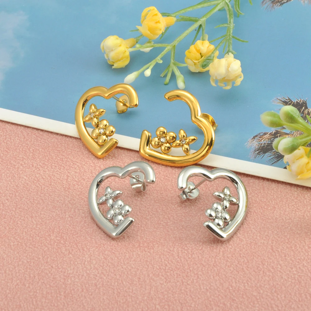 Lokaer Klassische Zirkon Herz Stud Ohrring für Frauen Gold Farbe Edelstahl Zarte Blume Ohrringe Hochzeit Schmuck E25118