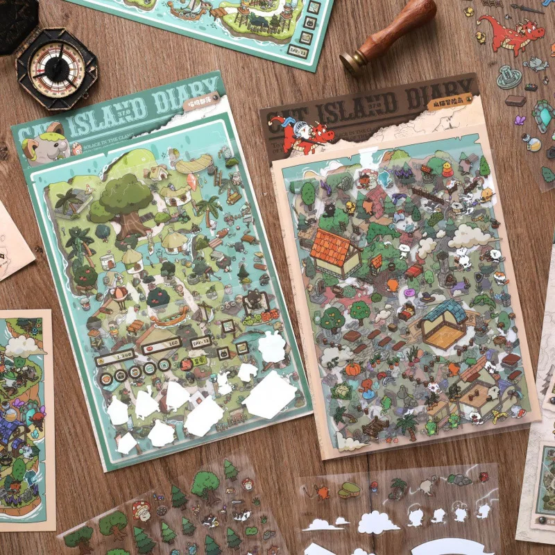 4Pcs Adventure Town PET Sticker Pack, Cartoon Cat Island Landscape Transparent Decals for DIY Junk Journal Scene‑making Crafts