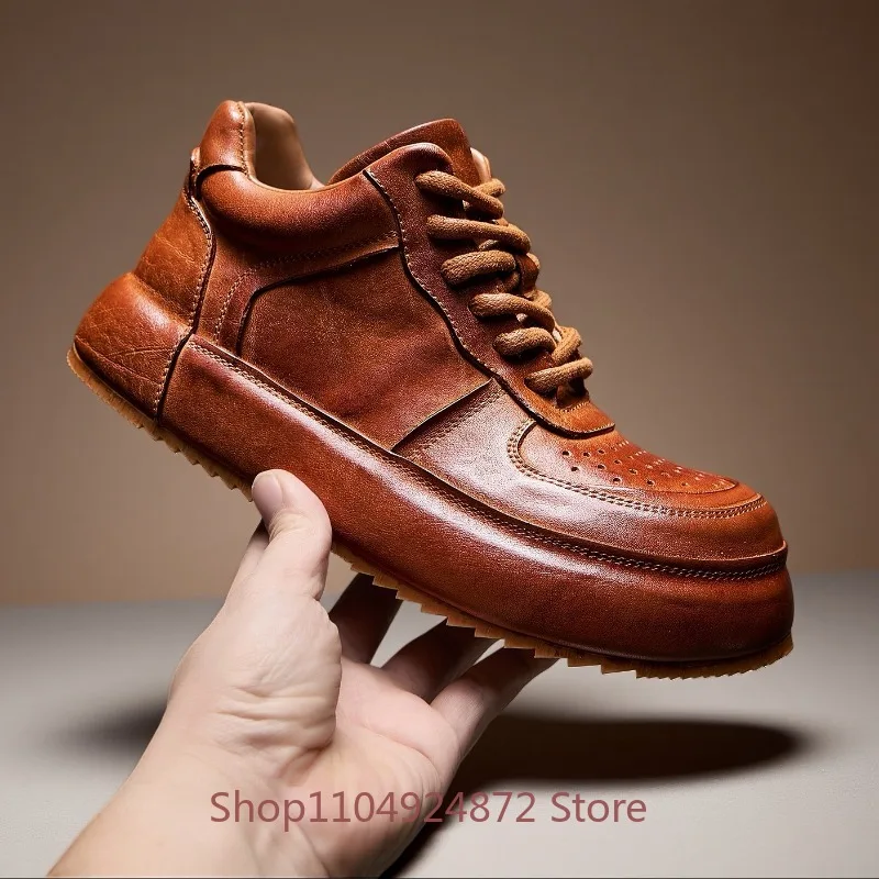 Vintage Washed Genuine Leather Sneakers Men's High Top Shoes Thick Platform Sole Street Walking Casual Fashion Oxford Shoes