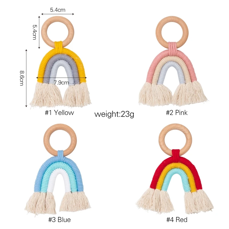 Let's Make 1pc Baby Wooden Toy Handmade Woven Cotton Rope Rainbow Stroller Pendant Teething Nursing 0-12 Months Baby Rattle Toy