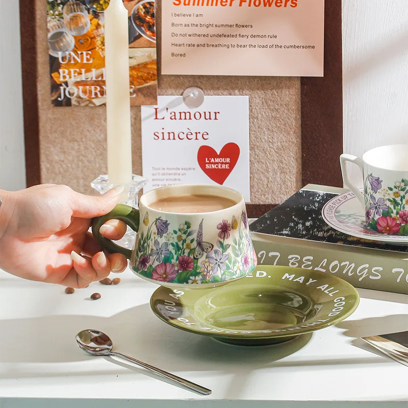 Conjunto De Pires E Xícara De Café, Conjunto De Chá Da Tarde De Cerâmica, Estilo Rústico Retro Francês, Caneca De Pintura A Óleo De Luxo Acessível, Presente Acompanhante
