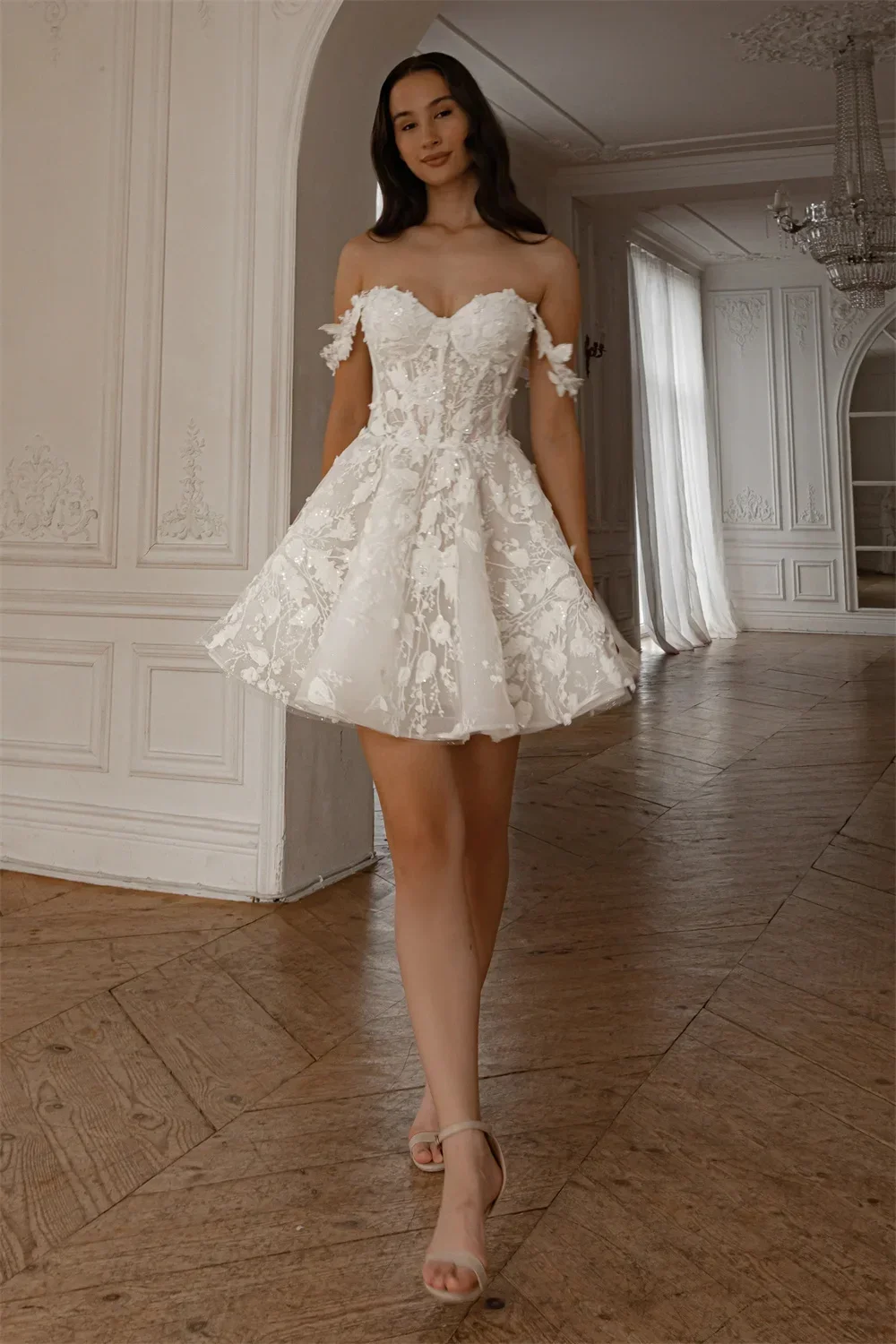 Customized Beautiful Sweetheart Short Wedding Dress Off Shoulder 3D Flower Lace Short/Mini A-line Bridal Gown Vestidos de novia