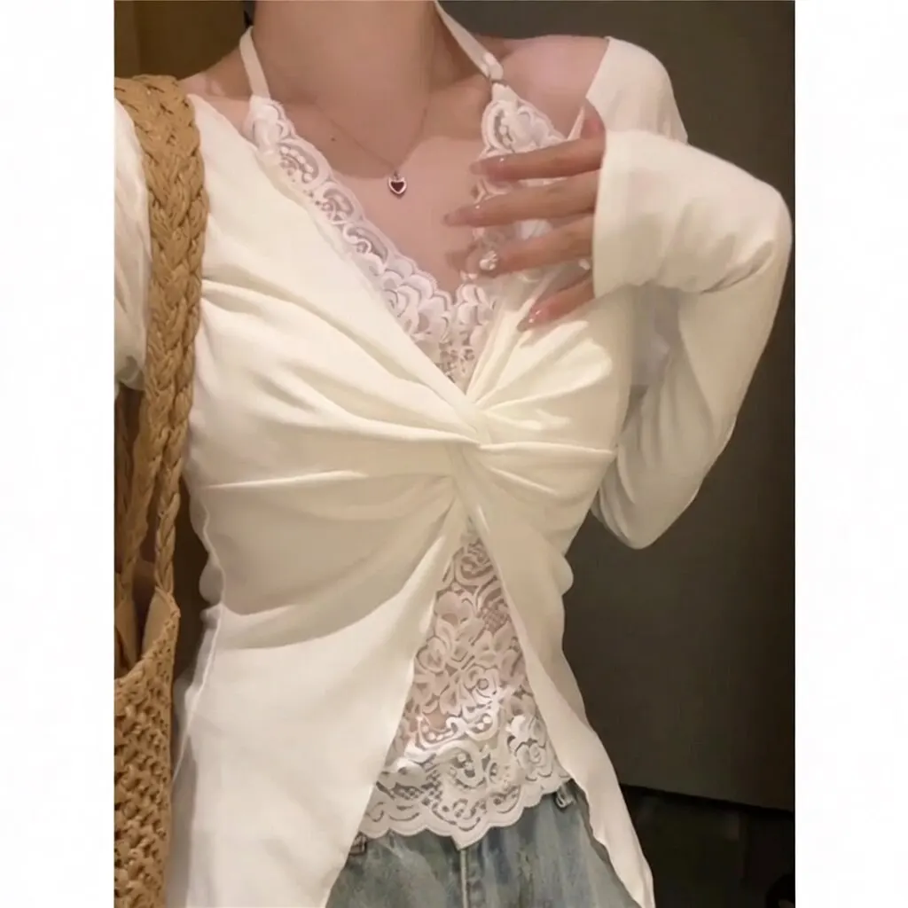 Chic Long Sleeve Lace Neck T-Shirt Women's Base Layer Shirt Pure Color Cotton Blend Elastic Fiber Spring Autumn Winter Top