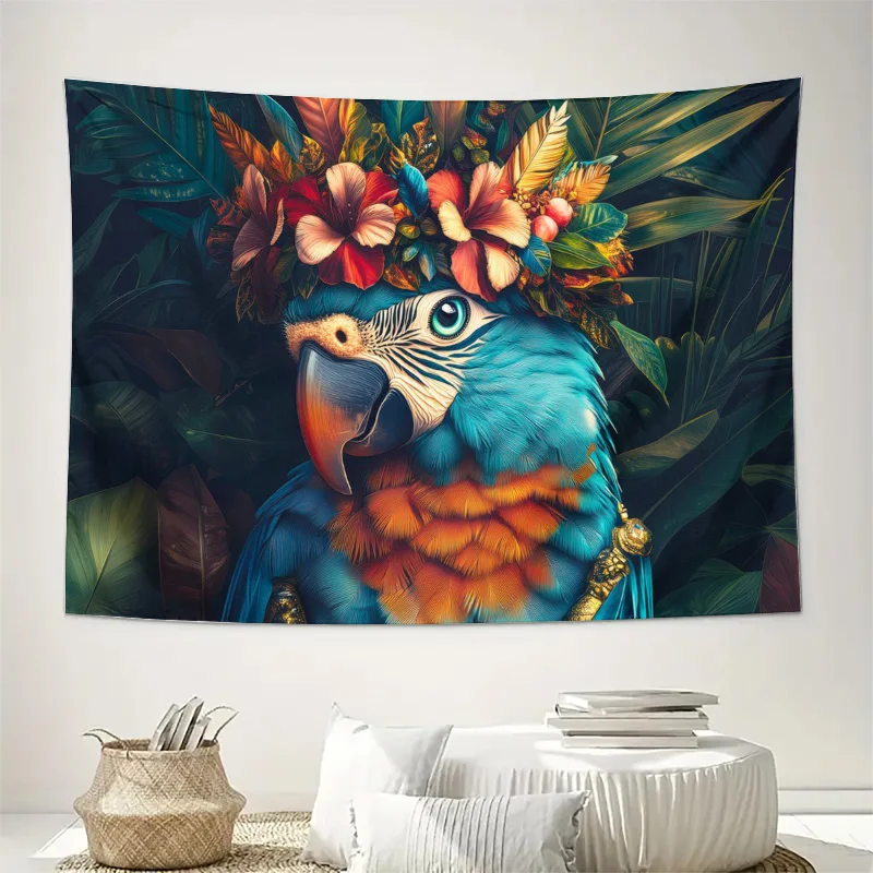 Bohemian Tropical Macaw Parrot Tapestry Jungle Rainforest Animal Floral Wall Hanging Decorative Print Boho Home Decor Art Screen