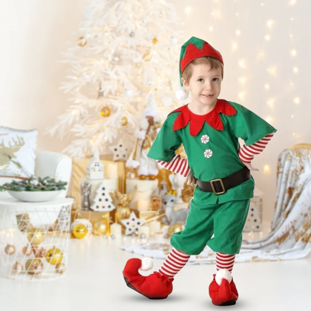 Xmas Santa Helper Costume Elf Hat/Shoes/Stockings Adult Kids Elf Dress Novelty New Year Children Clothing Green Xmas Party Dress