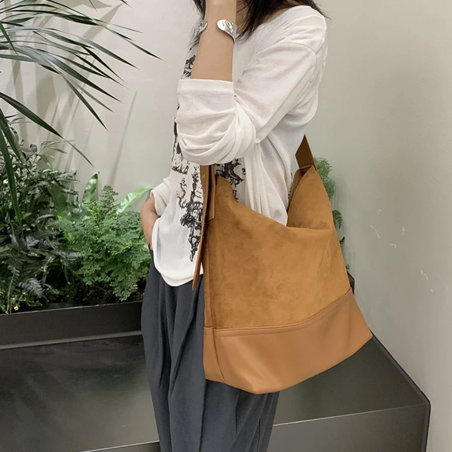 

Autumn new vintage bucket bag with suede, large capacity, daily commuting single-shoulder crossbody bag, patchwork ladies' totes