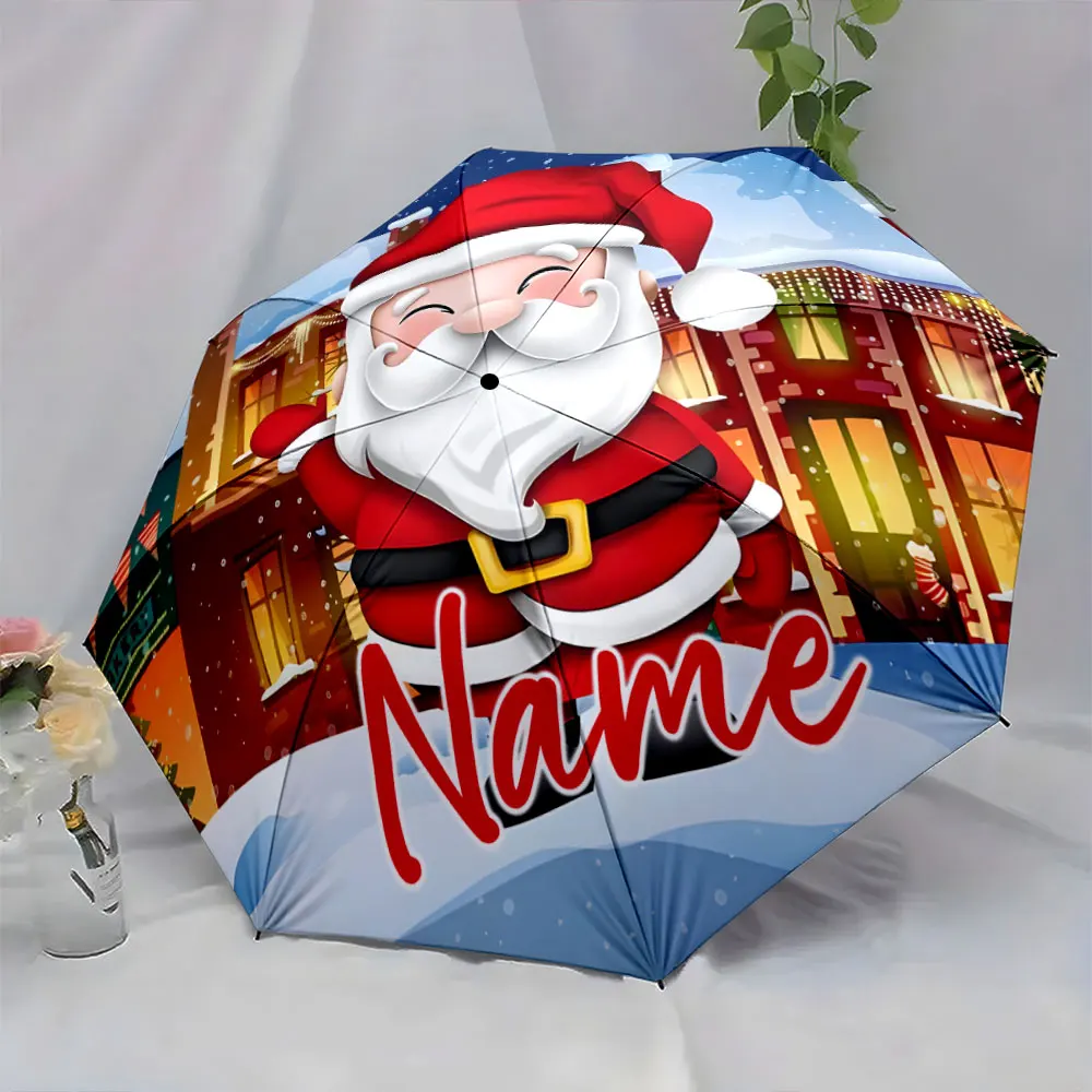 Custom Name Festive Santa Claus Umbrella for Christmas Holidays Print 8 Iron Ribs Folding Umbrella, Auto-Open Fashion Sunshade