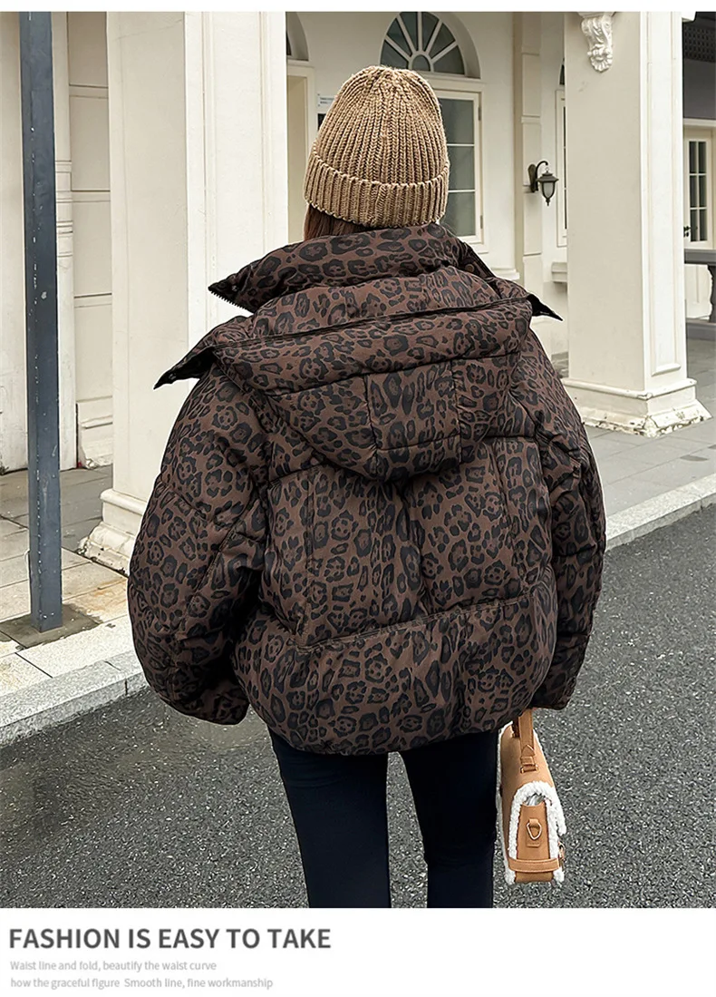 American Leopard Print Hooded Puffer Jacket Women Winter Loose Fit Warm Cotton Jackets Women Fashion Zip Up Thick Padded Parkas