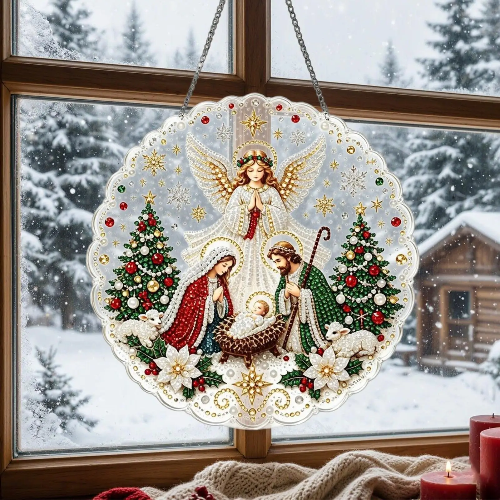Christmas Pearl Art Ornaments Rhinestones Nativity Scene Decor Christmas Pearl Painting For Trees Window Holiday Crafts