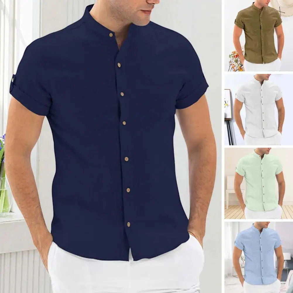 

Men Shirt Stand Collar Slim Fit Buttons Men Tops Placket Short Sleeves Cardigan Summer Casual Shirt Men Clothing for daitng