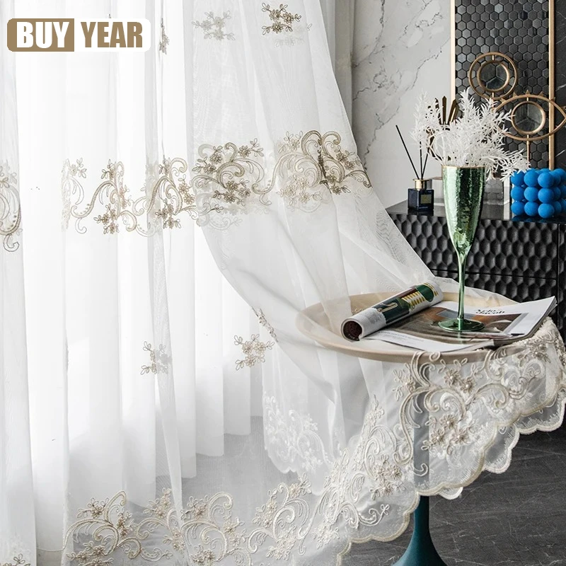 

European Transparent Curtains for Living Room Bedroom Custom Luxury Embroidery Pearl White Tulle Modern Window Screen Decor