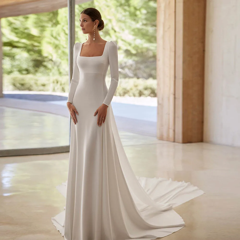 

Customized Elegant Square Collar Wedding Dress For Women With Detachable Train Mermaid Wedding Gowns Long Simple Bridal Dress
