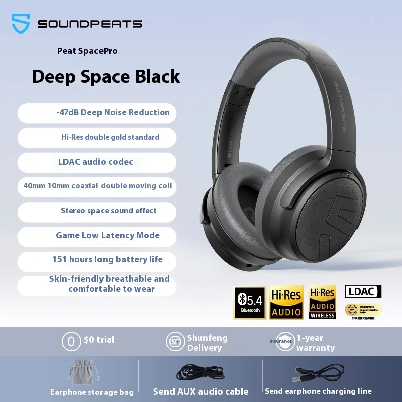 

Soundpeats Space Pro Wireless Bluetooth Headphone HiFi HD Battery Life Custom Subwoofer Headset Active Noise Reduction Earphones