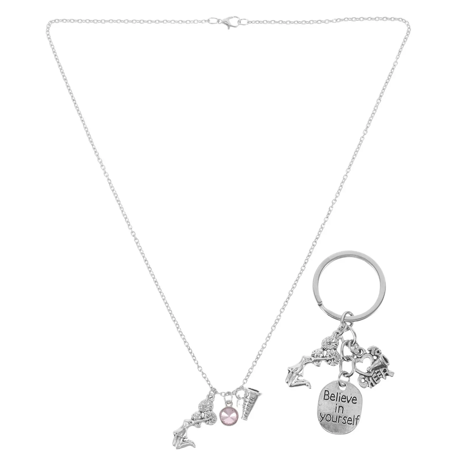 1Set Cheerleading Keychain Necklace Combo Cheerleader Pendant Charm Set for Backpacks Purses Bags Accessories Gift