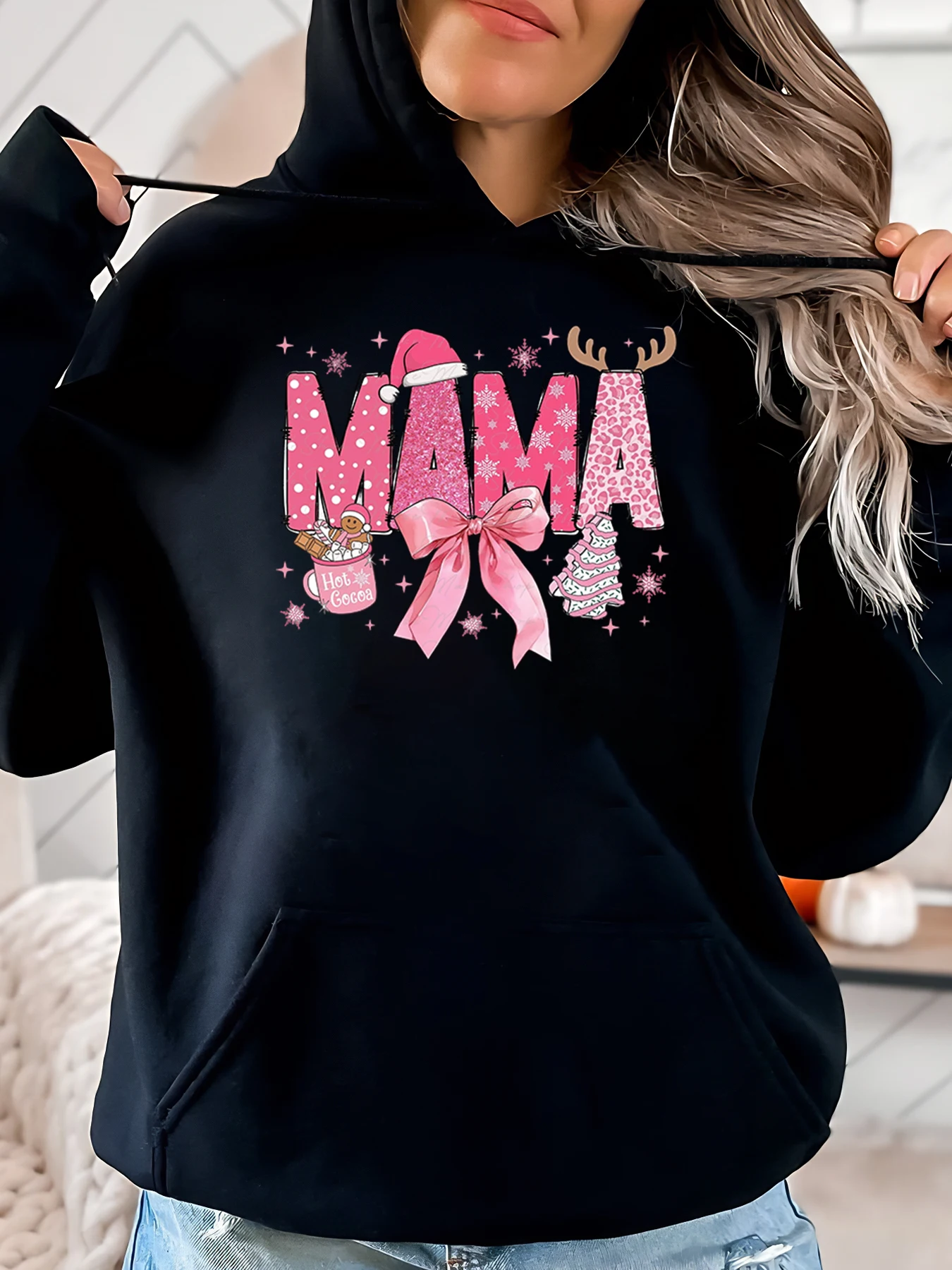 

Mama Christmas Print Hoodie Women Holiday Casual Wear Black Plus-Size