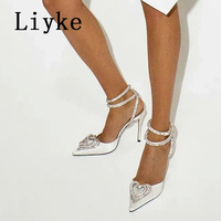 Liyke Summer Party Wedding Women Pumps Sandals Elegant Pink High Heels Stiletto Fashion Heart Shape Crystal Buckle Female Shoes