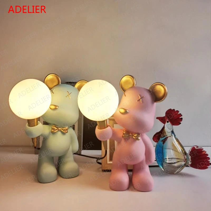 Pink Bear Cartoon Children\'s Table Lamp Living Room Bedside Bedroom Decor Spaceman 3D Moon Desk Lamp Boys/Girls Birthday Gift La