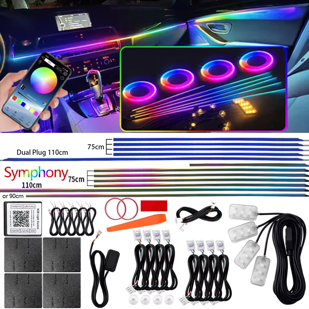 6/10/14/18 in 1 Car Ambient Light 64 Colors RGB Symphony Streamer Acrylic Hidden Music LED Strip Atmosphere Lamp Kit APP Control