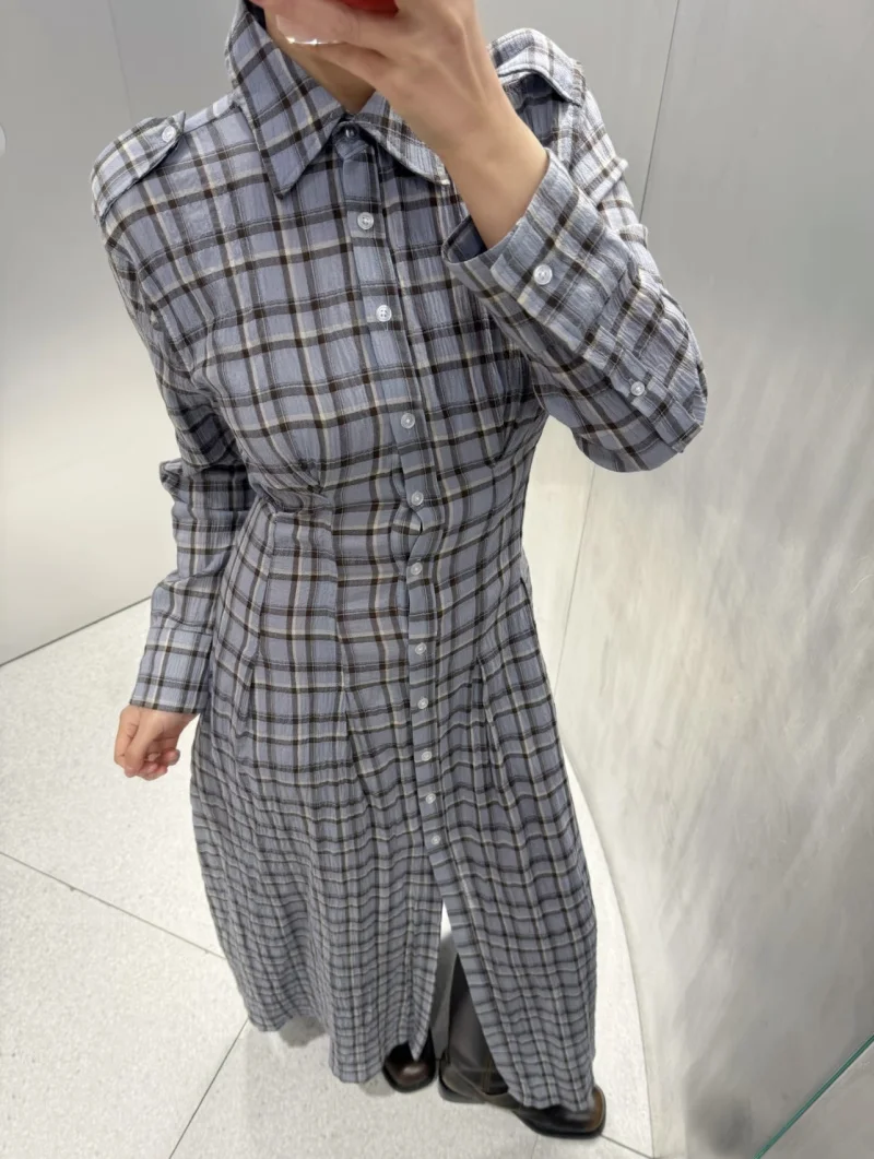 ETJ 2026 Spring Women's New Collection - Elegant and Simple Shoulder Emblem Decorated Checkered Shirt-style Long Dress