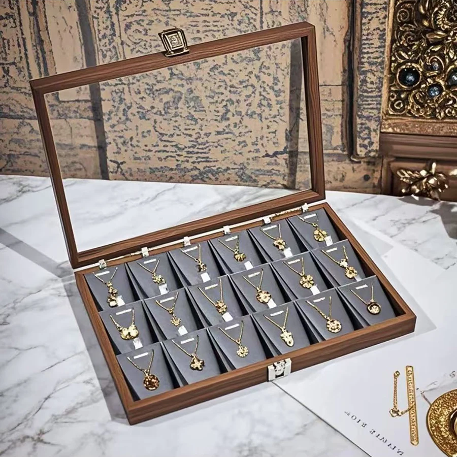صندوق مجوهرات خشبي من خشب الجوز مع سلسلة مطلية بالذهب عيار 8 قيراط، صندوق عرض وتخزين للأساور الراقية، تصميم كوري قابل للفتح