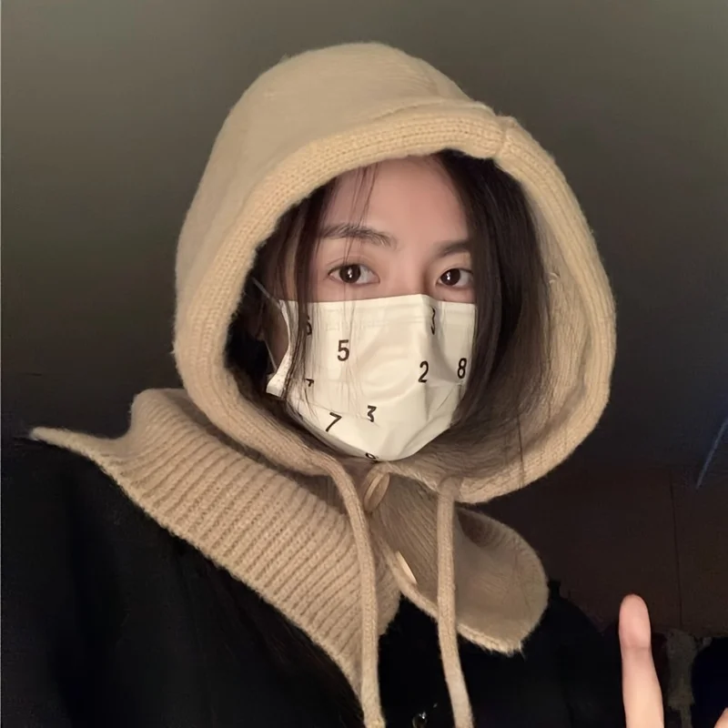 1pc, Winter Hats for Women Girls Warm Hooded Scarf Hat Skull Cap Balaclava Knit Beanie Hat with Adjustable Drawstring image 3