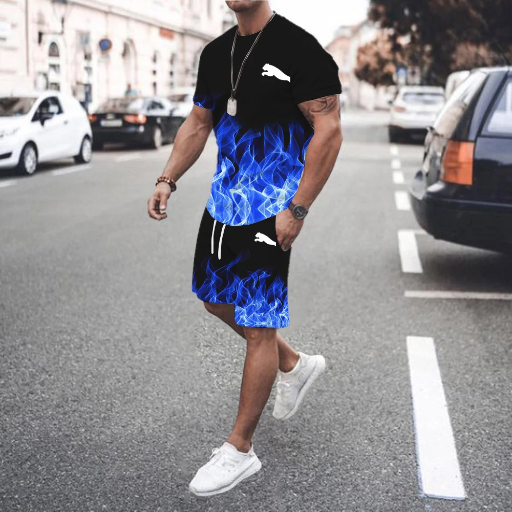 2024 Summer Hot Men\'s T-shirt+shorts Set Men\'s Sports Set Print Leisure Fashion Breathable Short Sleeve T-shirt Set - Men\'s Sets