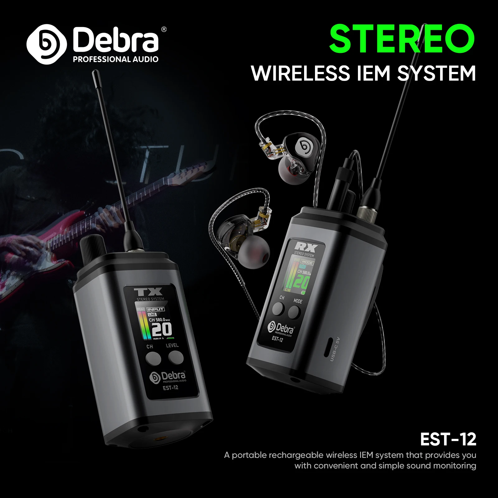 Debra EST-12 نظام مراقبة لاسلكي UHF ستيريو داخل الأذن ثنائي القناة تردد قابل للتعديل قابل لإعادة الشحن لاستوديو التسجيل