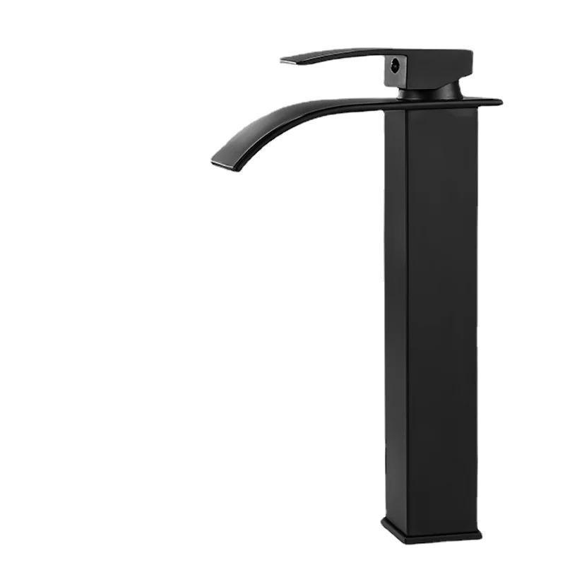 Hot and Cold Water Basin Faucet Brass Material Surface Blackened Countertop Installation Waterfall Square Bathroom Basin Faucet