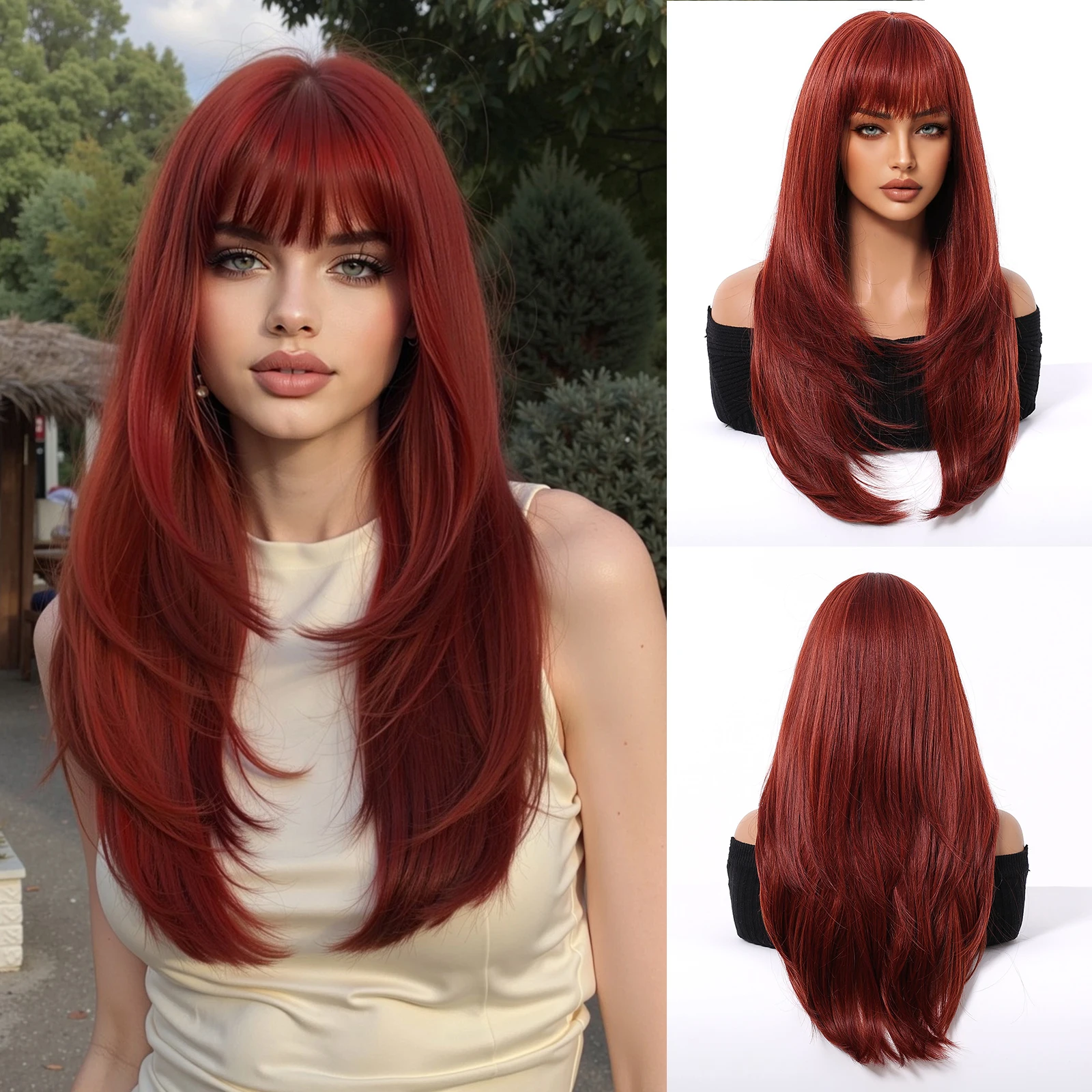 EASIHAIR Lange blonde synthetische Perücken für Frauen, gerade, geschichtete Naturhaar-Perücken mit Pony, hitzebeständige Perücken für den täglichen Gebrauch – Detail 10