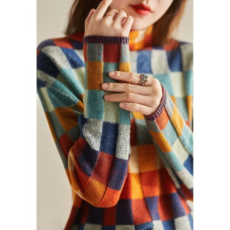 

Japanese Korean Colorful Checkered Cashmere With High Collar, Laziness And Slimming Appearance, Wearing Grid Knitted Sweater For