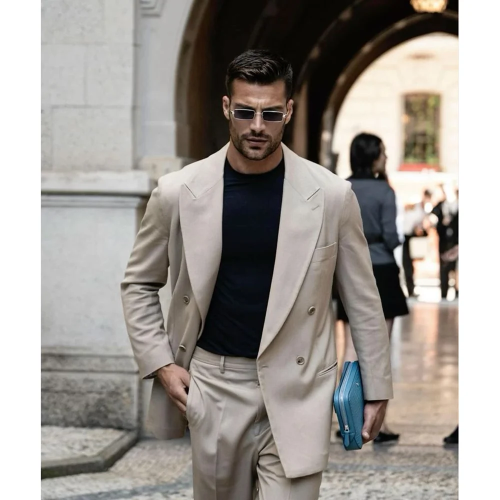 Gentlemen Double Breasted Straight Men Suit Two Pieces(Jacket+Pants) Lapel Outfits Chic Casual Party Prom Wedding Set