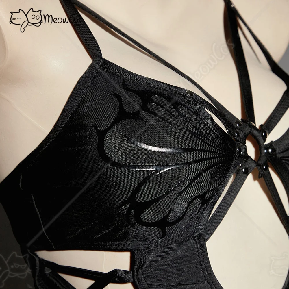 MEOWCOS Women Gothic Butterfly Swimwear Black Hollow One-Piece Swimsuit Cutout Side Lace-up Bathing Suit