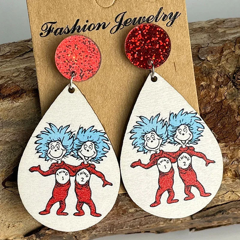 Sparkling red earrings for teachers to read fun gentlemen\'s hats for cats  wooden printed earrings for teachers students jewelry