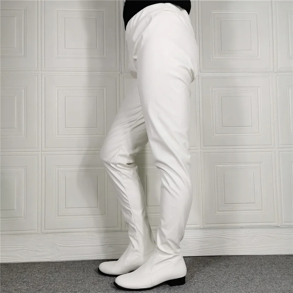 Elastic Matte Leather Pants Boots Woman White Low Heels Round Toe Shoes High -Waisted Legging Boots Nightclub Ladies Jumpsuit