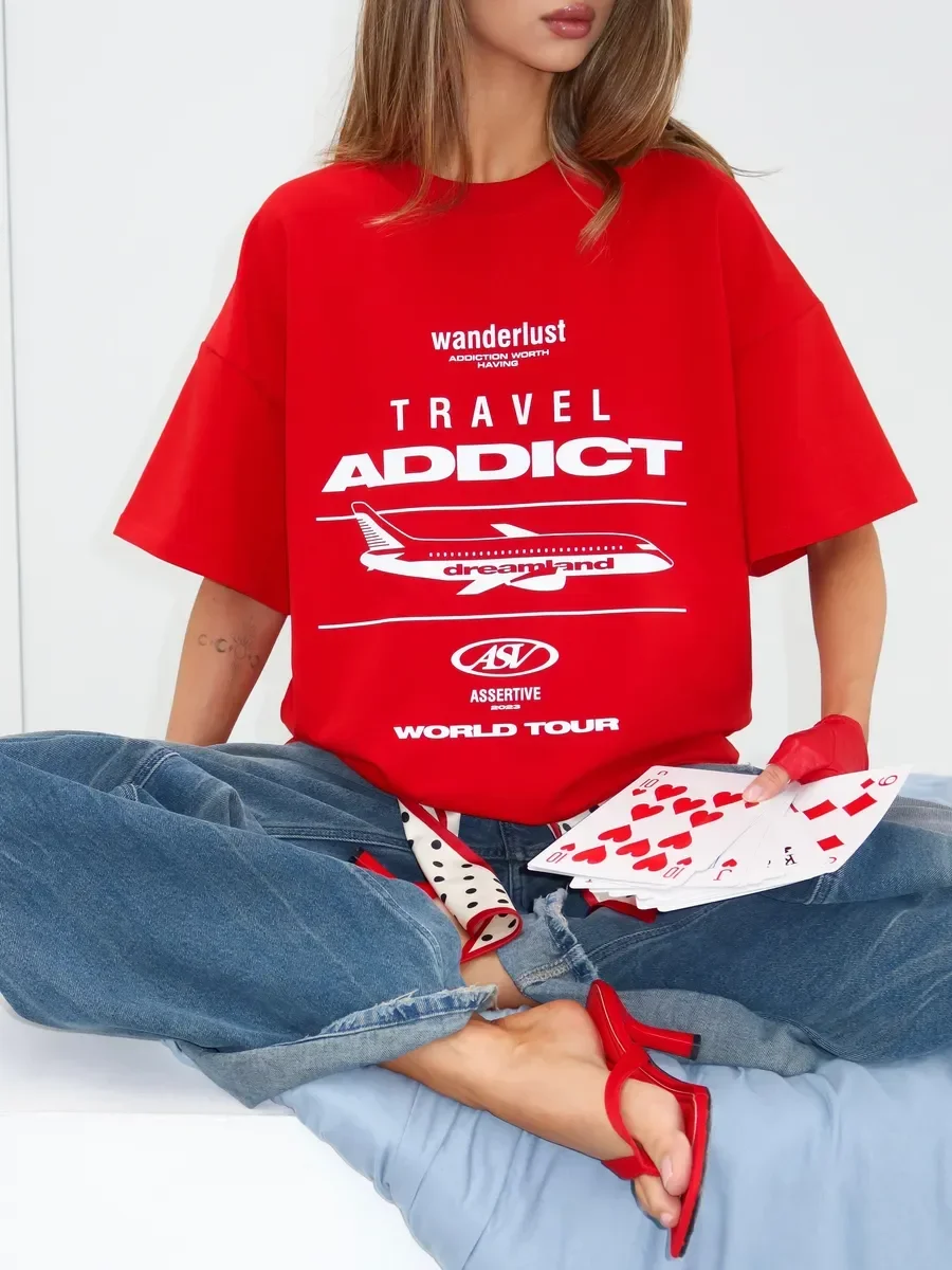 2026 Summer New Women's Retro Red Minimalist Print T‑Shirt 100% Cotton Fashion Loose Short Sleeve Casual Basic Top