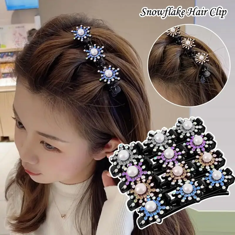 Sparkling Crystal Stone Braided Hair Clip, Snowflake Double Hairclip Hairstyle Layer Rhinestone Plait Bangs Hairpin Double E4I4