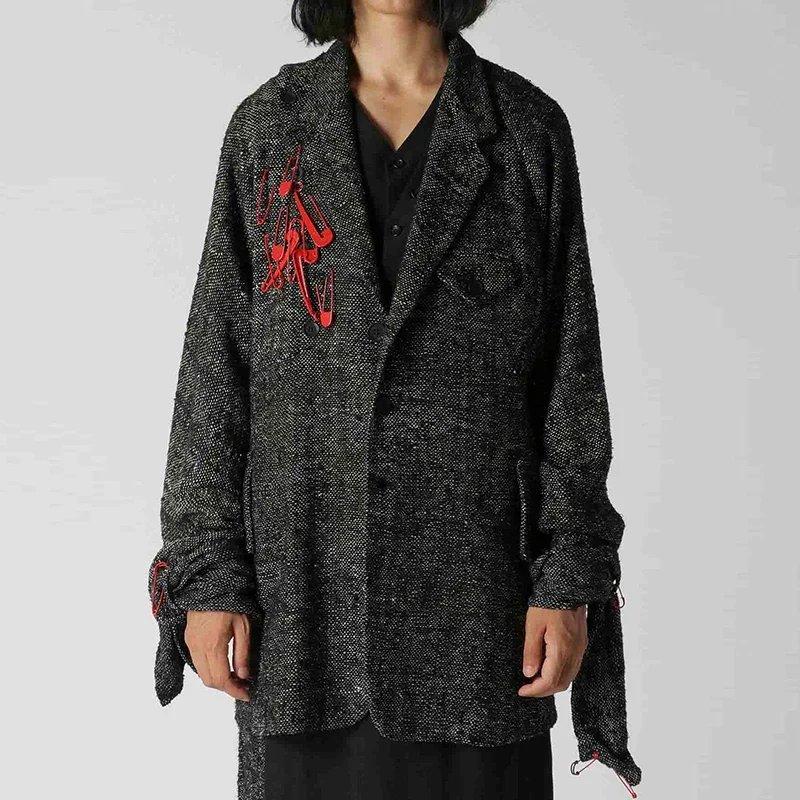 

YOJI OOAK оригинальный дизайн, шерстяная куртка с длинными рукавами, украшенная булавками, куртка со шнуровкой и рукавами, верхняя куртка для мужчин