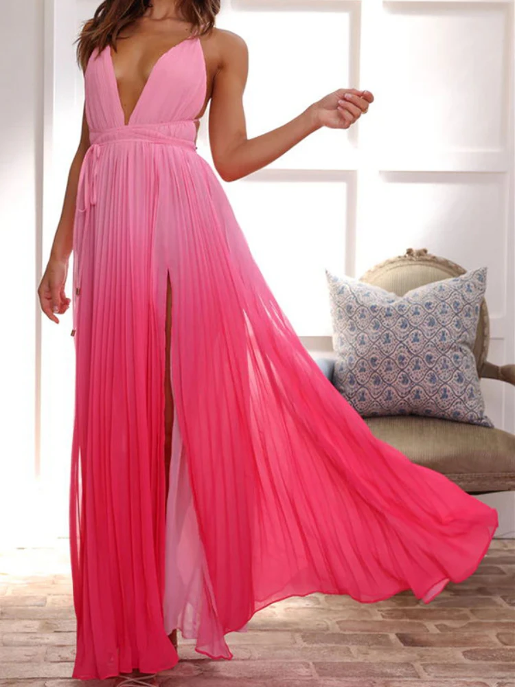 

2024 New Banquet Women's Long Gradient Color Suspender V-neck Pleated Large Swing Slit Elegant Backless Long Skirt