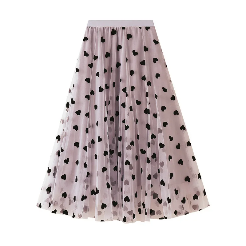 Mid-length Fluffy Mesh Flocking Skirt, High Waist, , Pleated skirt mini skirt mid length skirt A-line gauze skirt