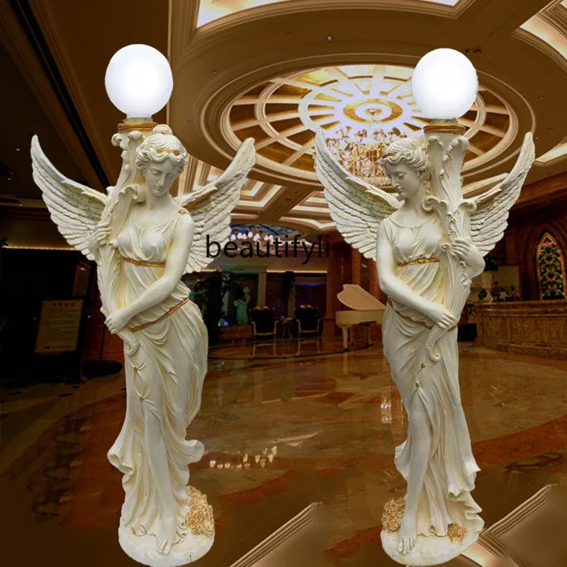 European fiberglass figure sculpture, outdoor, film and television props landing angel Muse road guide decoration lamp