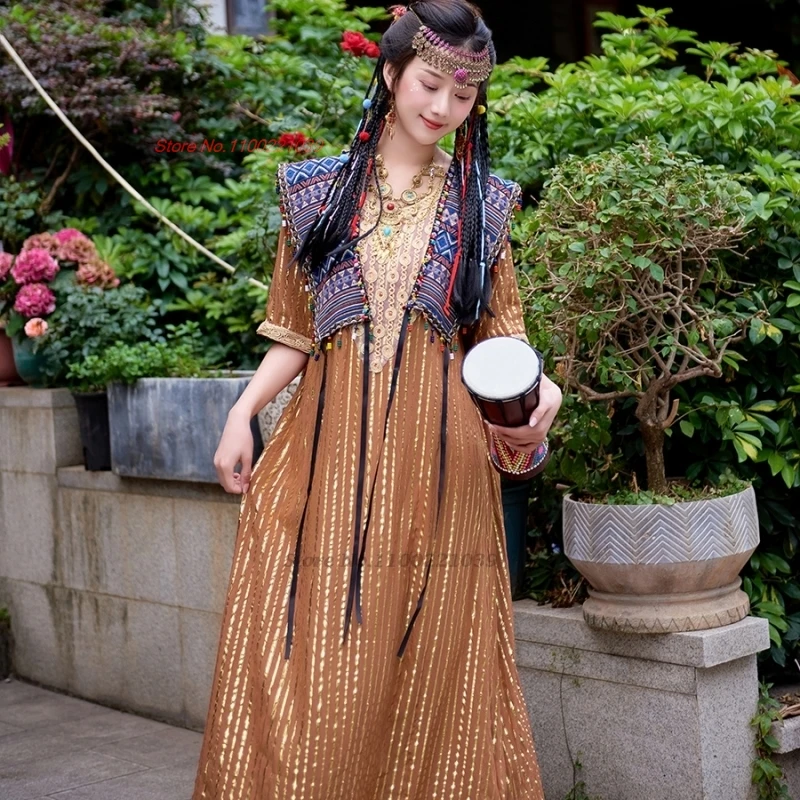 

2024 traditional chinese improved dress national gold stamp a-line dress oriental exotic hanfu dress elegant beach bohemia dress