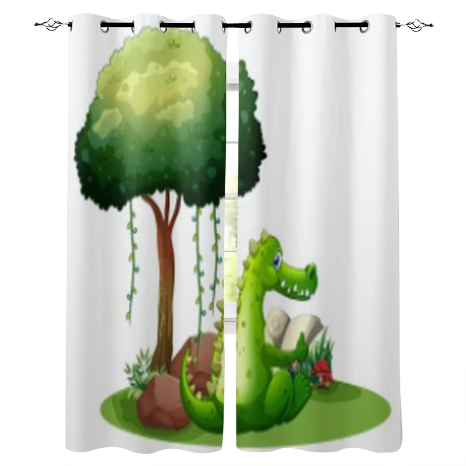 Illustration Of A Crocodile Reading Beside The Tree White Background Window Curtains For Kids Bedroom Living Room Decoration