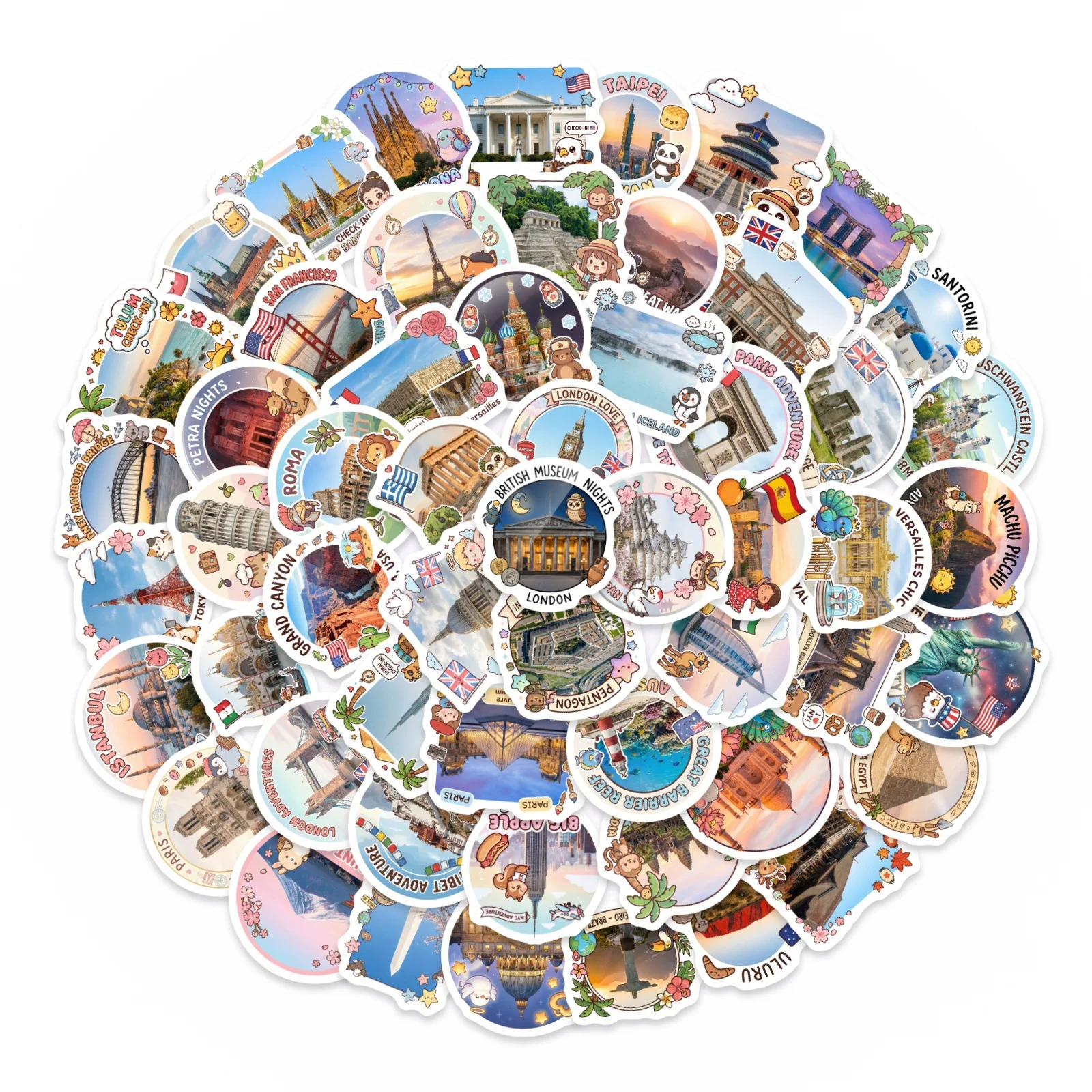10/50PCS New World Travel Cartoon Stickers Cool Landmark Building Graffiti Decoration DIY Toys Fridge Laptop Guitar Bike Decals