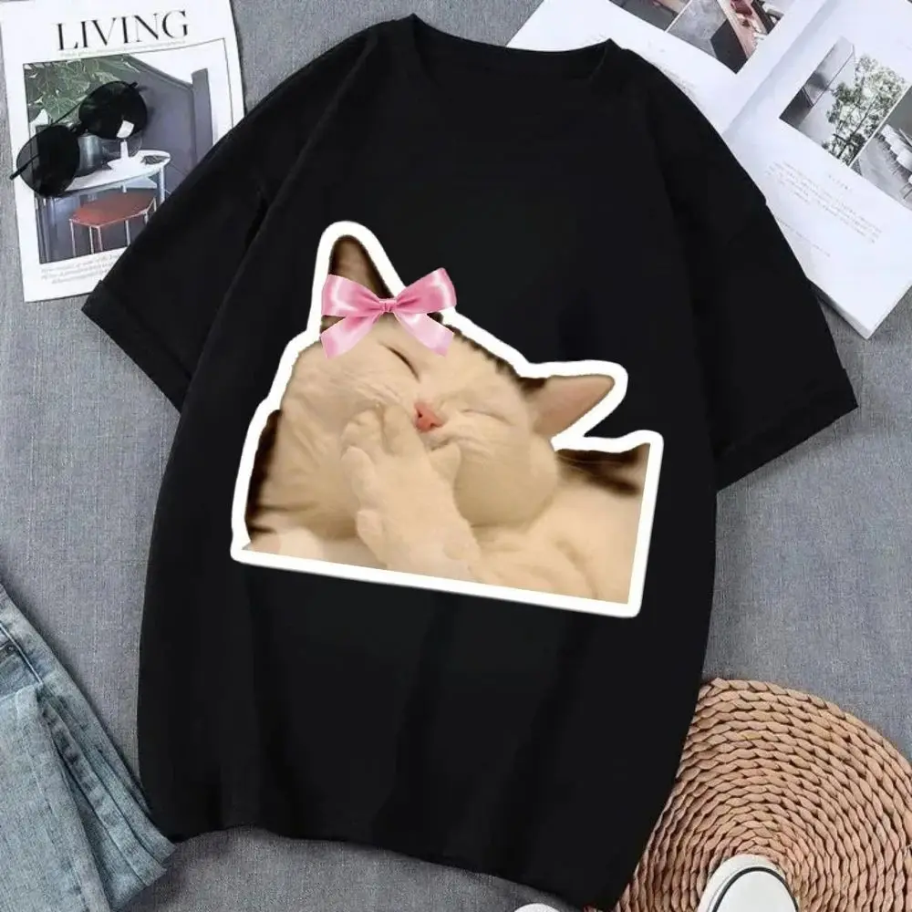 Viral Cat Meme T-shirt ？Cat Reaction Graphic Tee, Trendy Internet Culture Streetwear, Humorous Short-sleeve Top for Young Adults