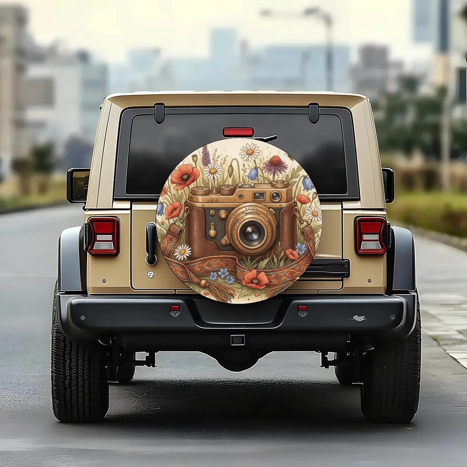 Vintage Camera Floral Tire Cover Wheel Protector Spare Tire Cover for SUV Truck