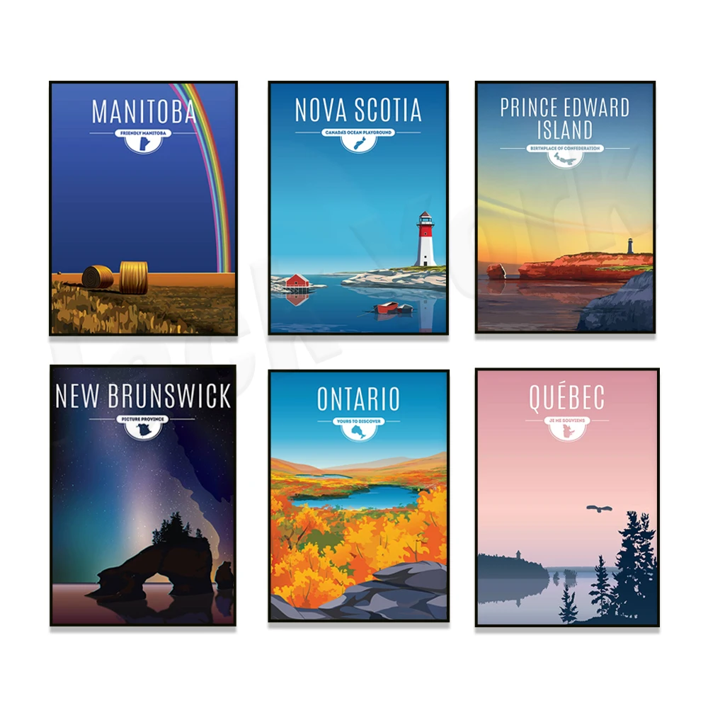 

Ontario, British Columbia, Manitoba, Prince Edward Island, Nova Scotia, New Brunswick, Quebec - Canada map travel art poster