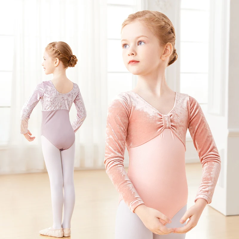 Kids Girls Ballet Leotards Long Sleeve Velvet Splice Dance Bodysuits Nylon Warm Ballet Dance Costumes