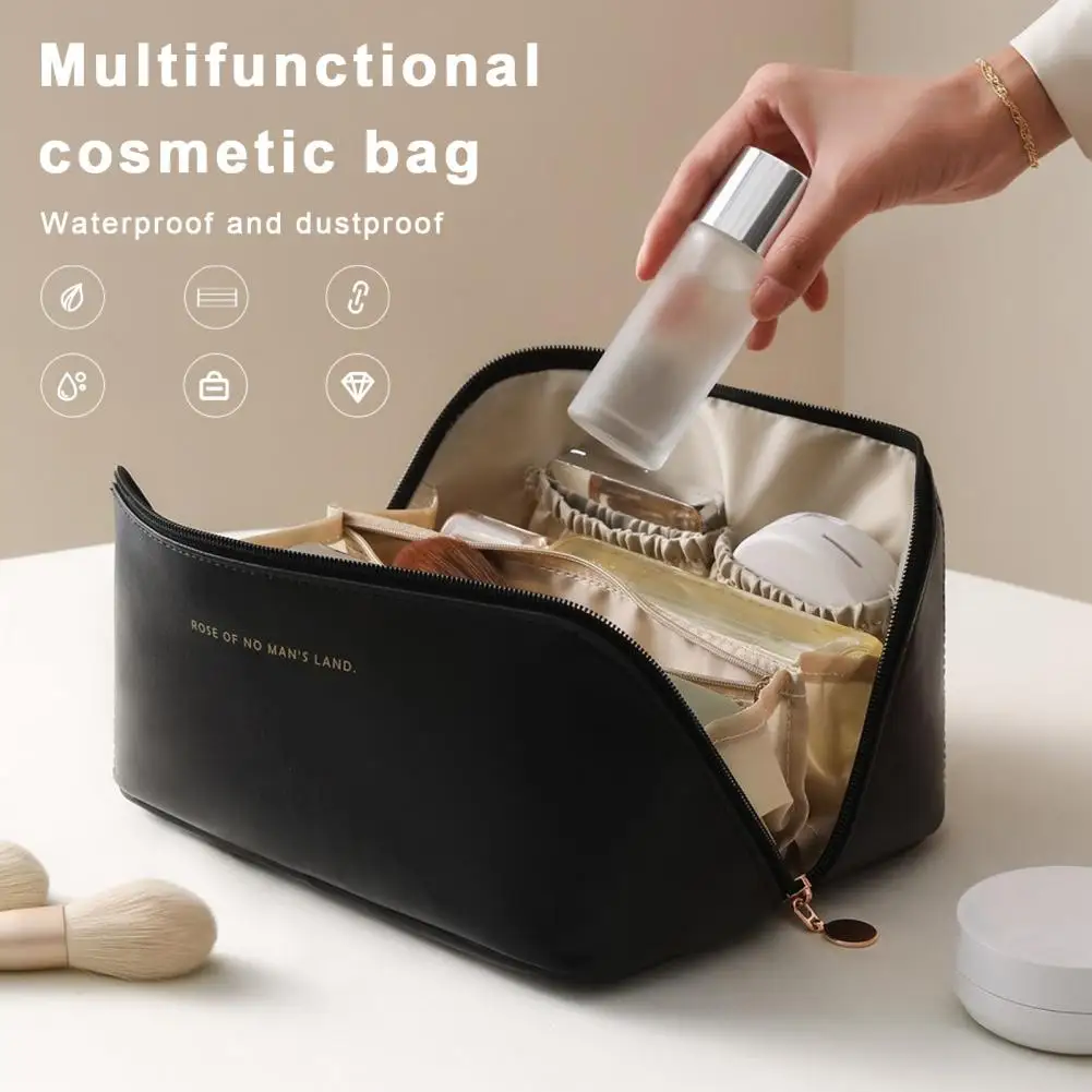 Large Capacity Makeup Bag Waterproof Travel Cosmetic Bag with Divider Faux Leather Travel Toiletry Bag Makeup Organizer