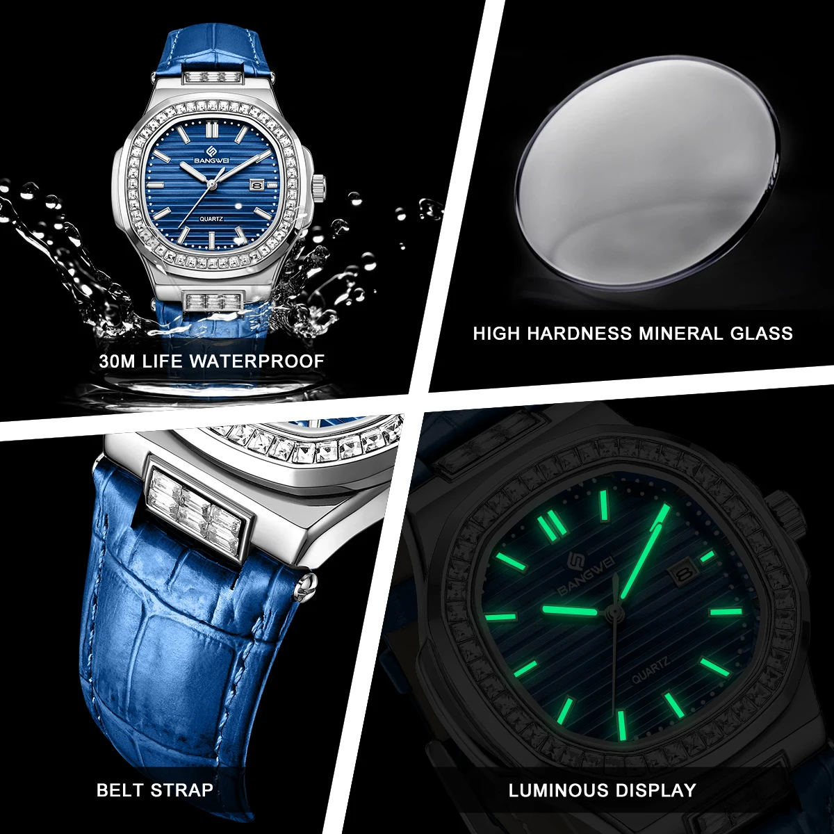 BANGWEI 2025, Damenuhr, elegant, luxuriös, Business, leuchtende Datumsuhr, Vintage-Uhren, modische Damen-Quarz-Armbanduhr + BOX